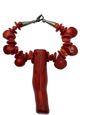 Vintage Red Coral Branch Statement Bracelet Silver Tone Clasp